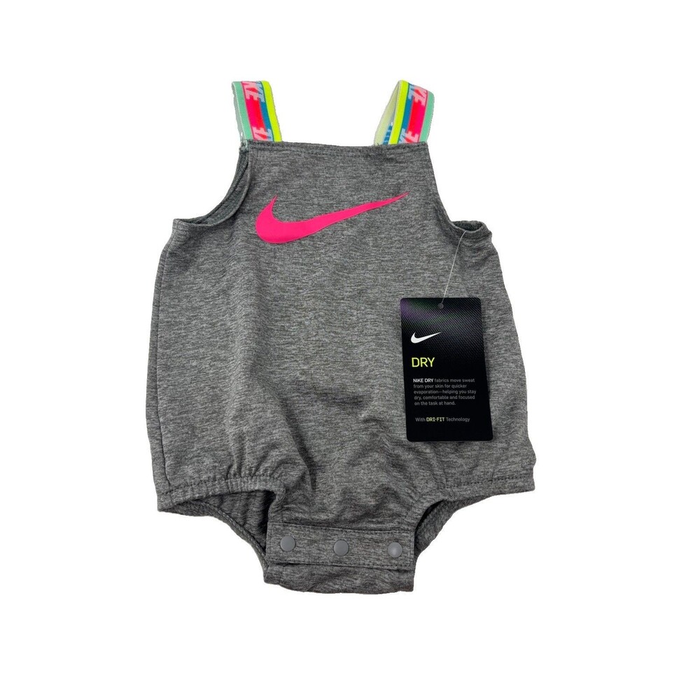 Nike Baby Girl Dri-FIT Romper 3M Gray Pink Swoosh Sleeveless Bodysuit NWT